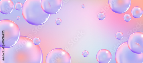 Pink collagen serum or soap bubbles, 3D realistic vector background.