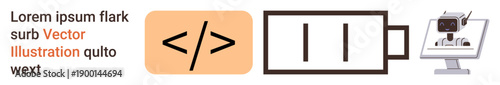 Technology, coding education, AI development, electronics, web design, energy. Coding symbol, battery icon robot on computer screen. Technology and coding education featured prominently