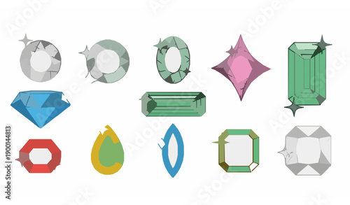 Sparkling jewel icons vector set colorful gemstone cuts isolated on transparent background