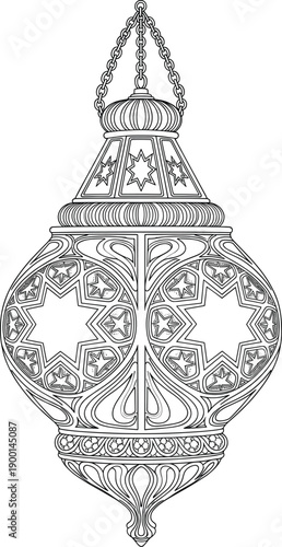 Intricate Line Art Illustration of a Decorative Hanging Arabic Lantern with Geometric Star Patterns for Ramadan Kareem and Eid Mubarak Coloring Projects