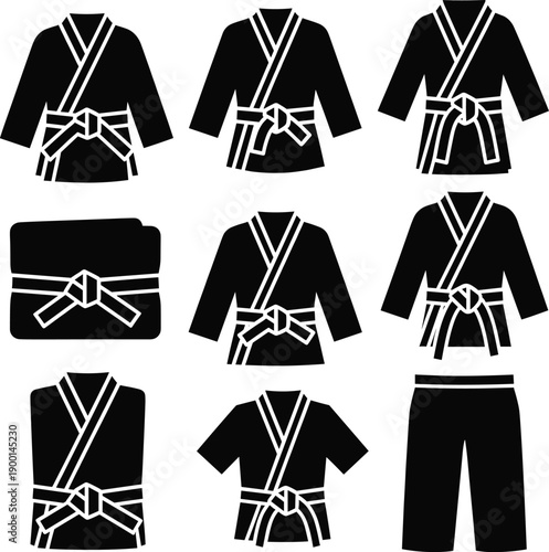 Martial Arts Uniform Icon Set Featuring Black Silhouettes of Judo Karate and Jujutsu Gis with Belts Folded Training Wear and Traditional Kimono Style Sports Apparel