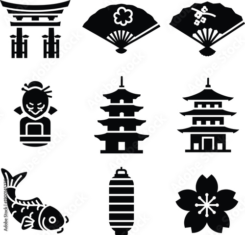 Japanese Cultural Icon Set Featuring Black Silhouettes of Pagoda Temple Torii Gate Geisha Koi Fish Cherry Blossom and Traditional Folding Fans