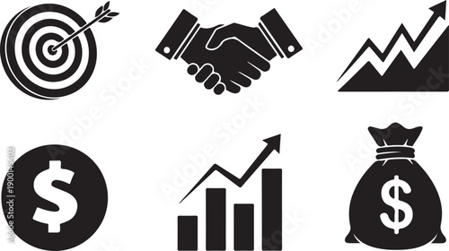 Black vector business icons set including target, handshake, graph, money bag, dollar coin, and bar chart, for finance or marketing material, Isolated on transparent background
