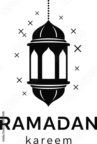 Ramadan Kareem Celebration Greeting Design Featuring Black Silhouette of a Traditional Hanging Lantern with Decorative Cross Symbols Isolated on White Background