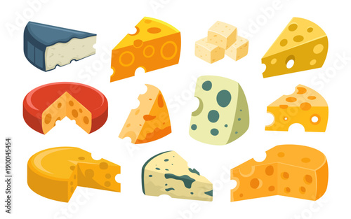 Collection of assorted cheese wedges and wheels with holes and blue veins food dairy