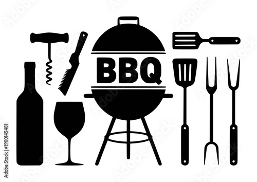 Black silhouette of a B Q grill wine bottle wine glass corkscrew bottle opener spatula and carving forks
