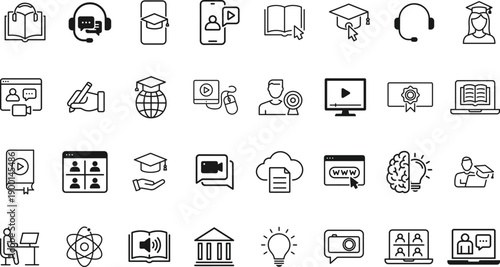 Minimalist Education and Online Learning Vector Icon Set – Books, Graduation Cap, Computer, Chat Bubble, Light Bulb, School Building, Headset, Video Play, People Communication Symbols