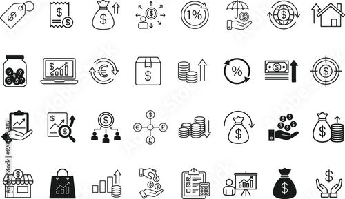40 Minimalist Black and White Finance Icons – Money, Banking, Investment, Business, Economy, Credit Card, Piggy Bank, Dollar Sign, Chart, Shopping, Percentage Symbol Vector Set