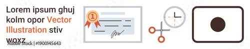 Certification, verification, achievement, document processing, time management, communication. A document with a badge, scissors clock and an envelope icon. Certification and verification themed