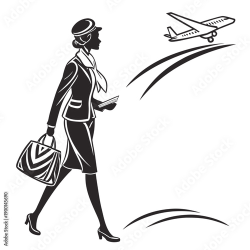 A flight attendant walking with a suitcase and an airplane flying overhead