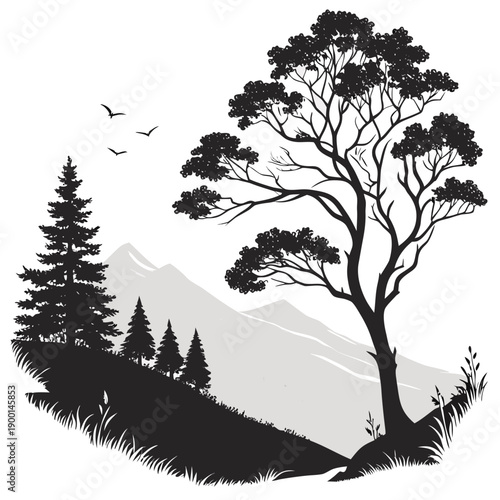 A serene black and white illustration of a tree on a hillside landscape