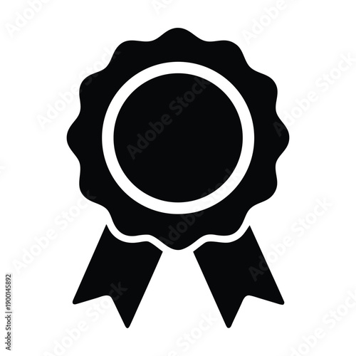 A black and white vector graphic of a rosette award ribbon icon with a circular center and flowing tails