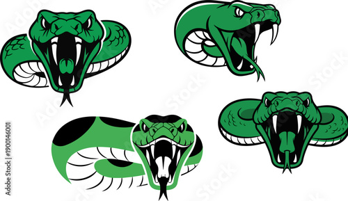 A collection of four distinct and aggressive green snake mascot head illustrations perfect for sports teams or strong brand identity designs