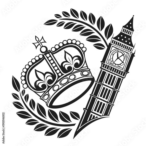 A stylized depiction of a crown and big ben surrounded by a laurel wreath.