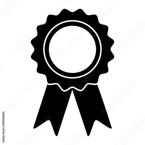 A black and white vector graphic of a rosette award ribbon icon with a circular center and flowing tails
