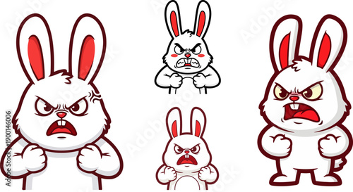 Collection of four distinct angry cartoon rabbit mascots featuring both black and white stylized aggressive characters ready for conflict or competitive design projects.