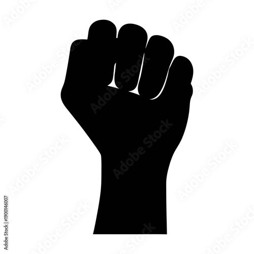 A black silhouette of a raised fist on a white background, symbolizing power and solidarity