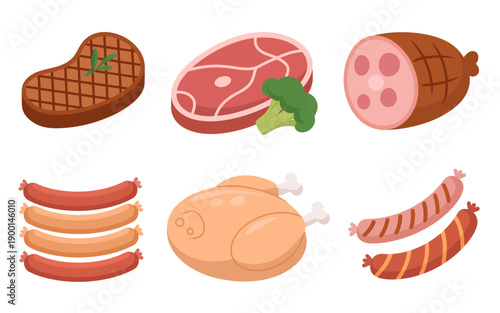 Different types of meat products including grilled steak raw steak with broccoli ham sausage and roasted chicken