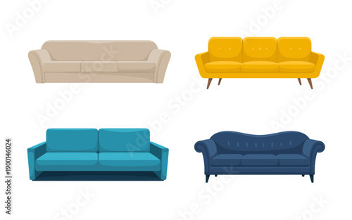 Distinct sofas in beige yellow blue and dark blue colors arranged in a grid couch furniture
