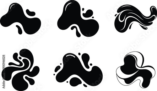 Set of abstract organic liquid shapes and minimalist black ink blobs, modern flat vector fluid elements with smooth curves and splash shapes.