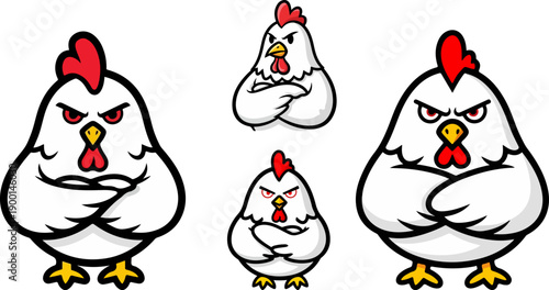 A collection of four stylized angry white chicken mascots or characters displaying aggressive body language with arms crossed against a solid black background.
