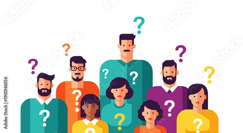 Group of diverse parents with question marks for community concerns and school feedback concept