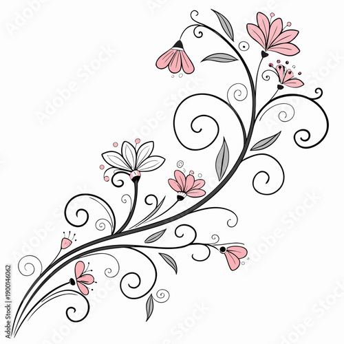 Elegant floral design with pink flowers and swirling black lines on white background