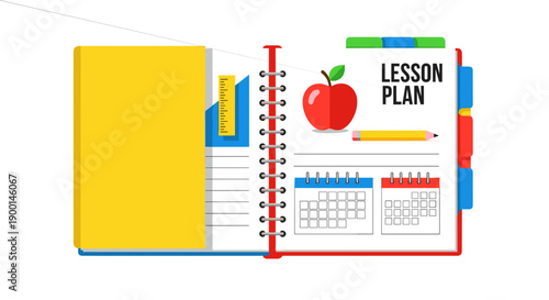 Open colorful teacher lesson plan notebook with calendar for classroom planning and academic organization concept
