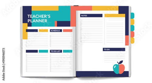 Colorful teacher planner notebook open on desk for lesson planning and classroom organization concept