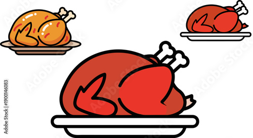 Collection of roasted poultry icons showcasing different shades of golden brown and deep red cooked whole turkeys ready for serving on white platters.