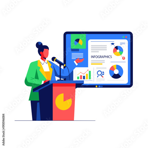 School principal speaking at podium with presentation screen for academic report and leadership communication concept