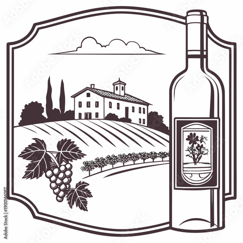 A picturesque vineyard with a winery and a bottle of wine