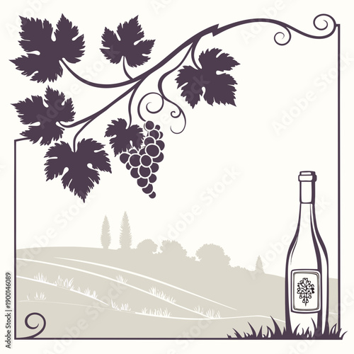 A serene vineyard landscape with a bottle of wine and grapevines
