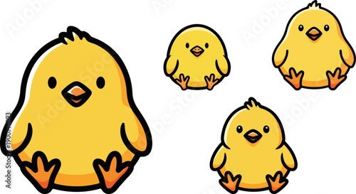 Adorable group of four bright yellow cartoon baby chicks sitting together illustrating a playful springtime or easter concept with simple design elements