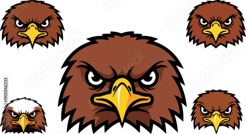 Collection of aggressive brown eagle head mascots displaying fierce determination and sharp predatory eyes perfect for sports logos or brand identity.