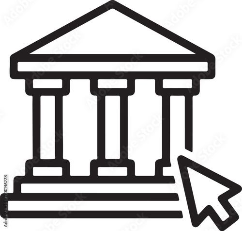 Minimalist Black and White Online Banking Icon – Vector Government Building with Cursor Symbol for Digital Finance, E‑Government, and Virtual Institution Access