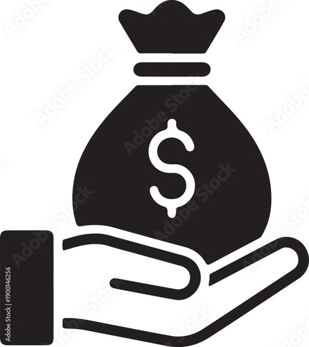Minimalist Black and White Money Bag Icon – Vector Hand Holding Dollar Symbol for Finance, Wealth, Savings, Investment, and Monetary Support Concepts