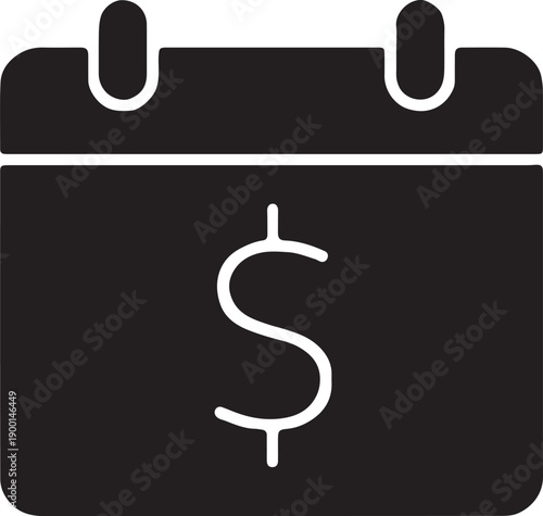 Financial Calendar Icon – Black Calendar with Dollar Symbol Representing Payment Due Dates, Payday, Billing Cycles, and Financial Planning
