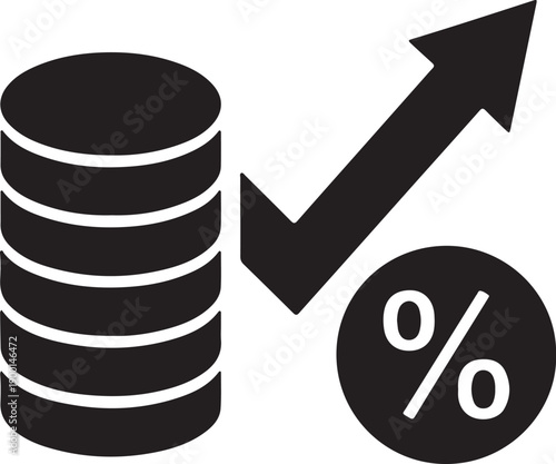 Financial Growth Illustration – Stack of Coins with Upward Arrow and Percentage Symbol Representing Investment, Profit Increase, and Economic Growth
