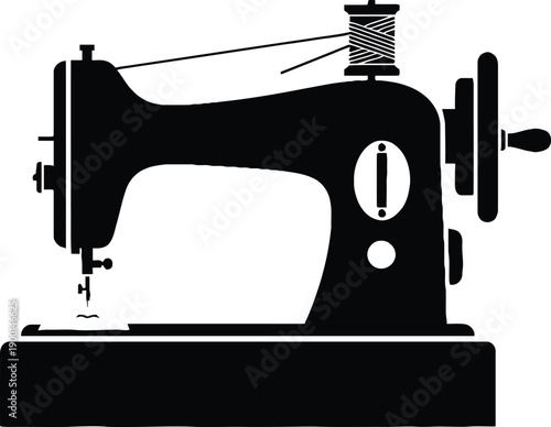Black silhouette of a sewing machine with spool of thread on