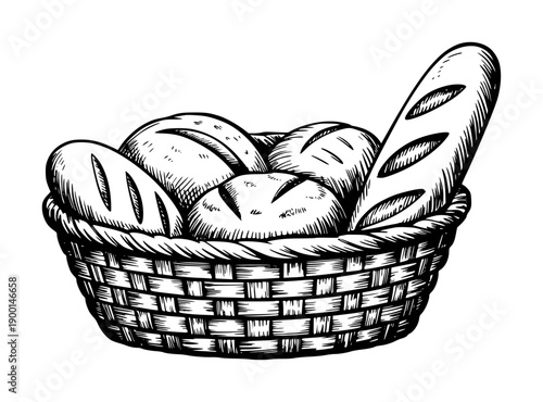 Hand drawn of a woven basket filled with various loaves of bread and baguettes loaf food