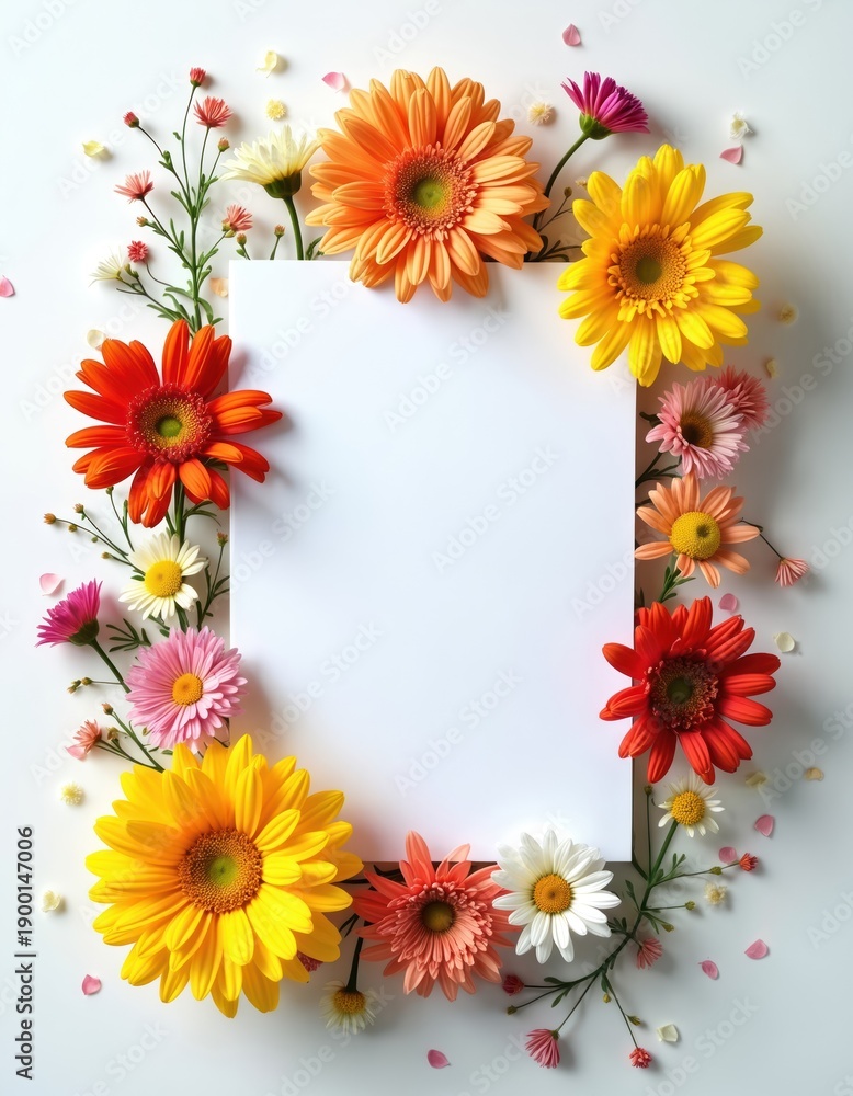 Obraz premium Bright flowers frame a blank white card. This vertical top down view is perfect for invitations greeting cards or announcements. Add your own text to this floral stationery setup.