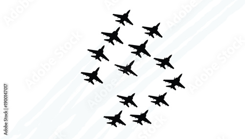 Silhouette of a squadron of jet aircraft flying in precision diamond formation against a clean white sky background with subtle contrails for airshow concept.