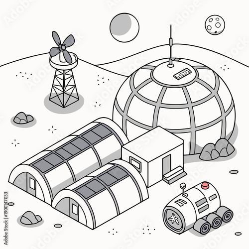 Vector graphic of lunar base technology and infrastructure, depicting future space settlement and exploration.