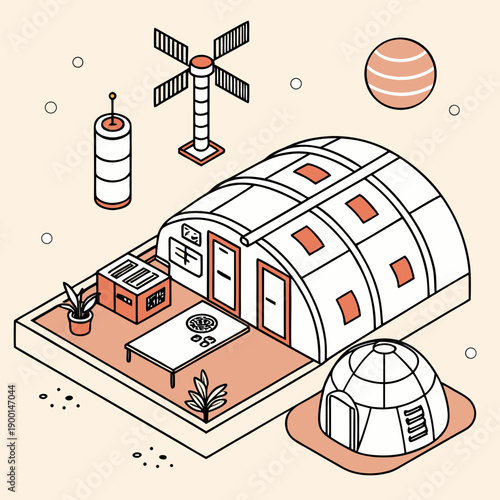 Clean vector illustration of a Mars habitat with smart technology, representing future human settlement on the red planet.