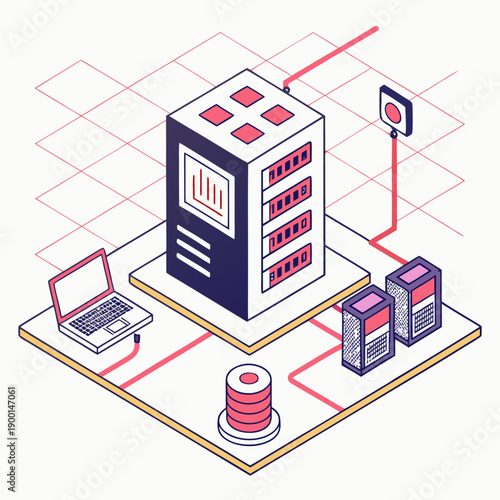Metaverse infrastructure with a modern vector design, showing a server core connecting virtual worlds and data.