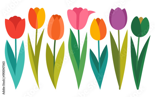 Stylized tulips in vibrant red orange pink purple and green colors with green stems and leaves a white background