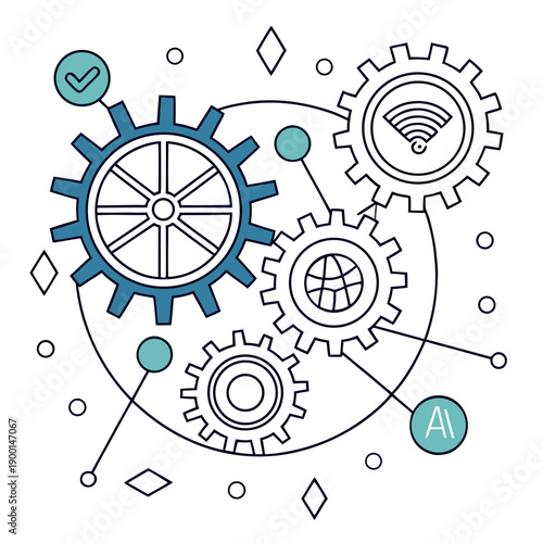 Abstract multimodal AI fusion hub combines visual symbols and text for advanced data synthesis and understanding.