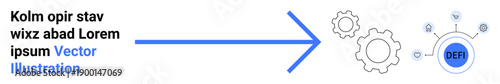 Blockchain technology, decentralized finance, automation, digital networks, financial systems, business operations. Blue arrow connecting gears to decentralized finance icon. Blockchain technology