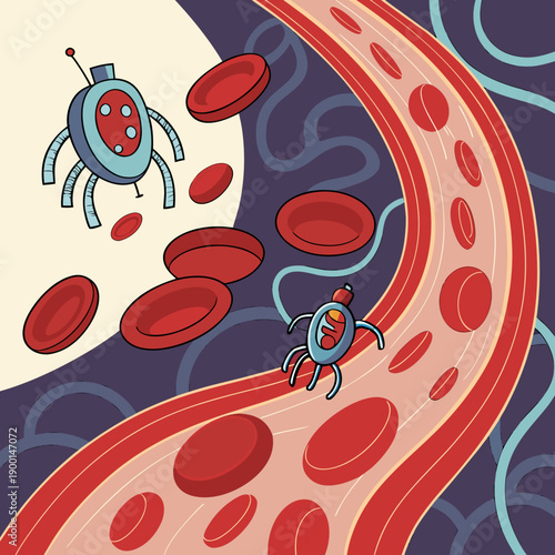 Tiny nanorobot medical technology exploring a human bloodstream for advanced healthcare and biological research.